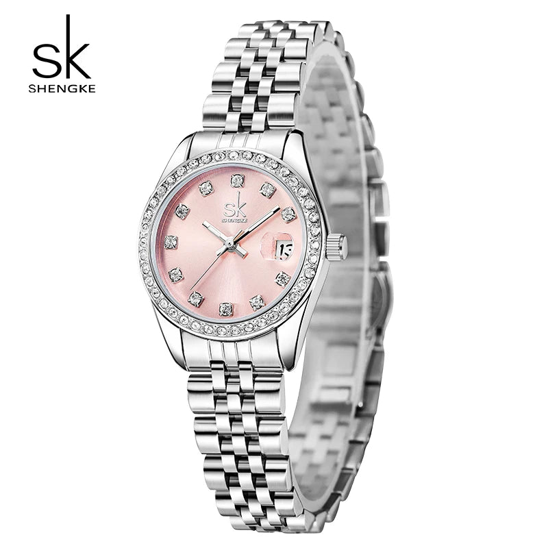 Shengke New Luxury Ladies Wristwatches Fashion Diamond Women's Quartz Watches Top Brand Woman's Gifts Clock Calendar Stainless S