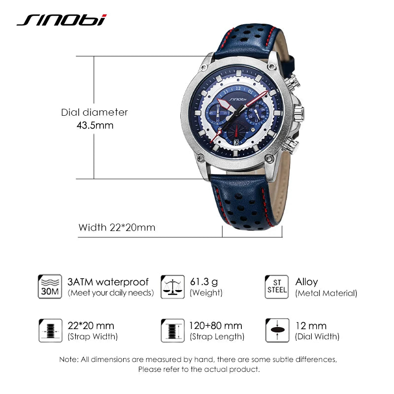 SINOBI New Fashion Sports Mens Watches Stainless Steel Chronograph Man Quartz Wristwatches Luminous hands Male's Calender Clock