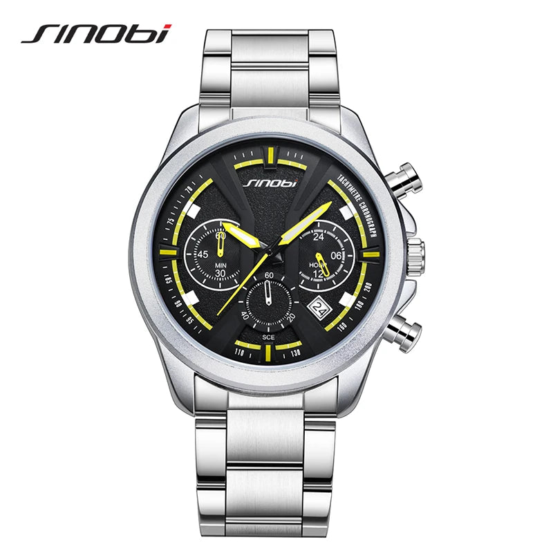 SINOBI Brand Men's Watches New Styles Chronograph Man's Quartz Wrist Watches Fashion Stainless Steel Best Gifts Calendar Clock
