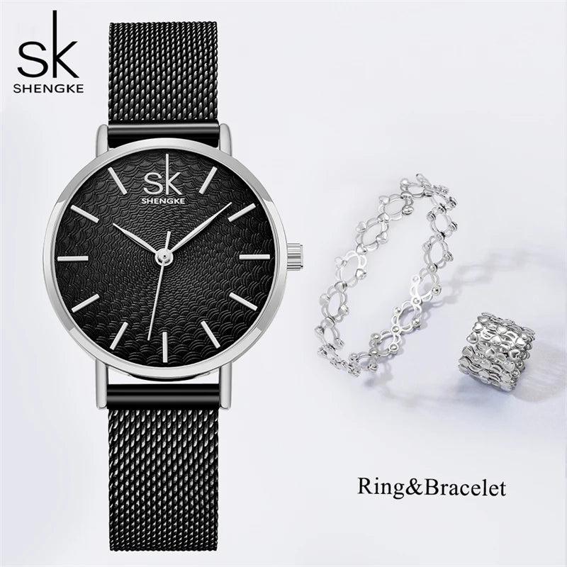 Shengke Elegant Women's Watches 2 In 1 Magic Retractable Ring Bracelet Set Top Sales Brand Ladies Quartz Wristwatches Best Gifts