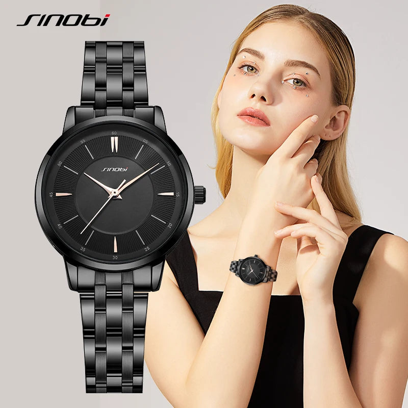 SINOBI Fashion Women's Watches Casual Stainless Steel Woman Quartz Wristwatches Elegant Dresses Best Clock for Female Waterproof