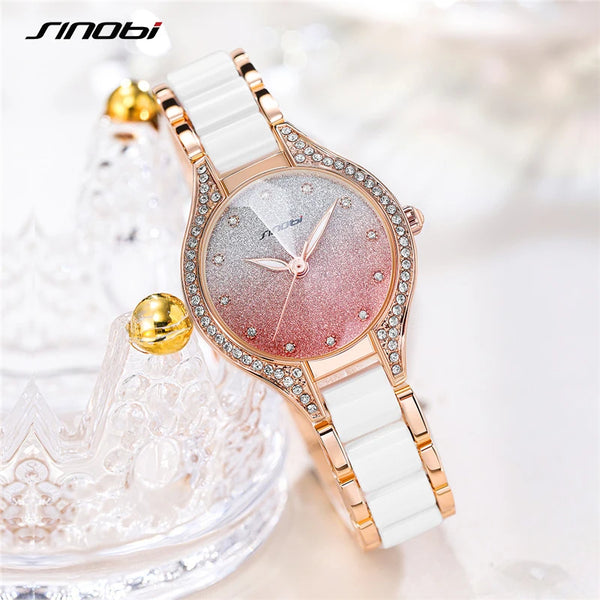 Sinobi women watches rhinstone rose gold dial white strap montres femme japanese quartz movement luxury clock relogio feminino