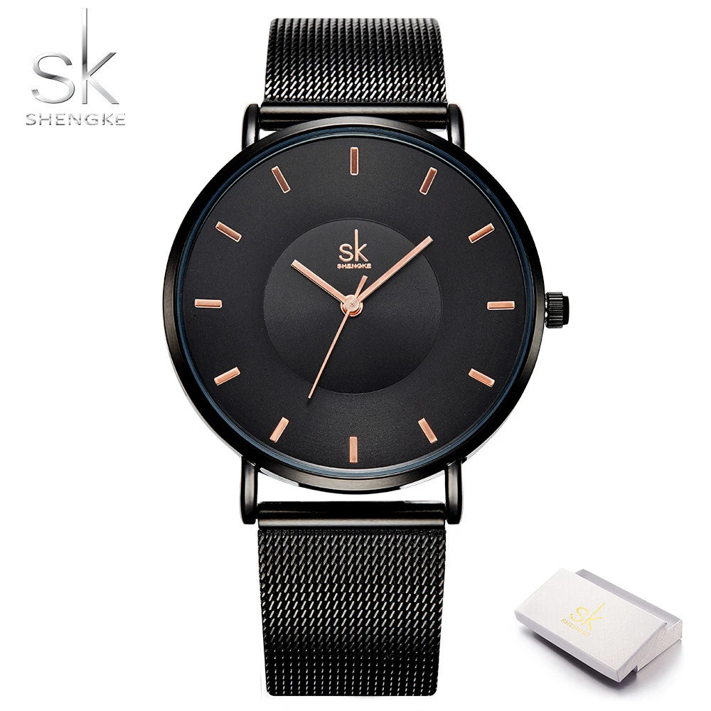 Shengke Fashion Black Watch For Women Classic Relogio Feminino Ultra Thin Quartz Watch Woman Adjustable Mesh Strap Montre Femme