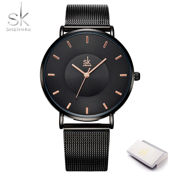 Shengke fashion black watch for women classic relogio feminino ultra thin quartz watch woman adjustable mesh strap montre femme