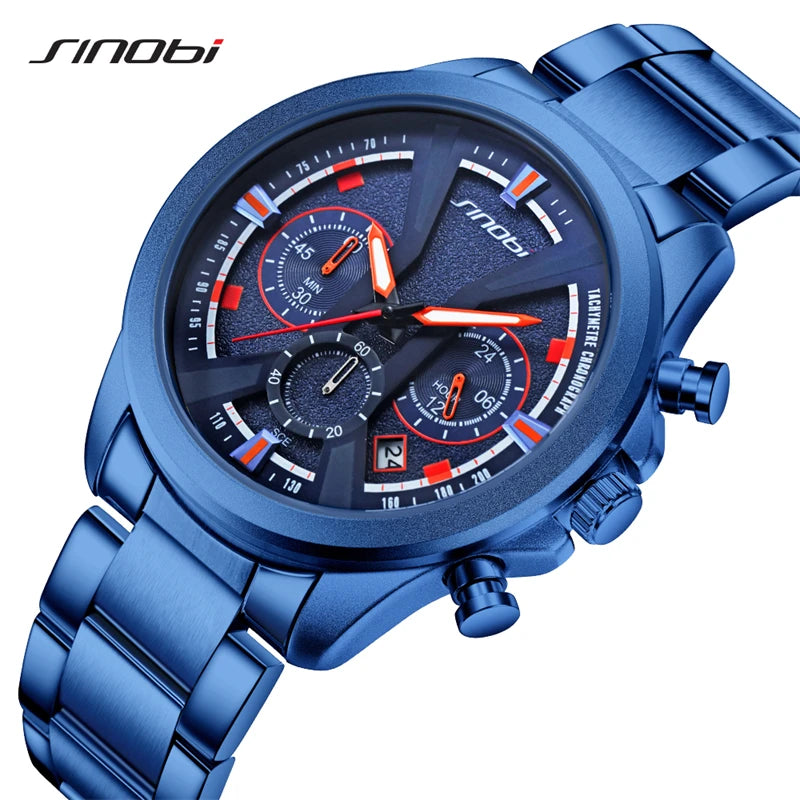 SINOBI Brand Men's Watches New Styles Chronograph Man's Quartz Wrist Watches Fashion Stainless Steel Best Gifts Calendar Clock