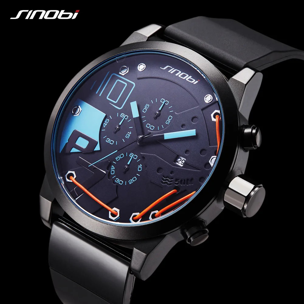 SINOBI Mens Sports Chronograph Silicone Watch Waterproof Top Brand Men's Watches Fashion Casual Quartz Relogio Masculino saat