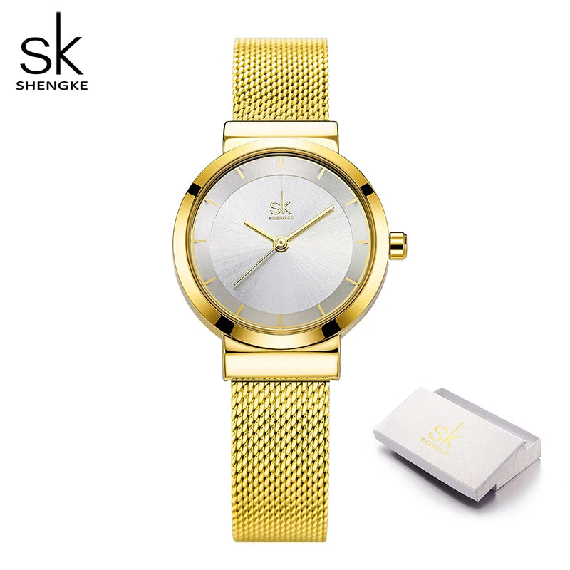 Shengke SK Luxury Brand Dress Golden Watch Ladies Elegant Diamond Quartz Wrist Watches For Women Steel Mesh Clock zegarek damski