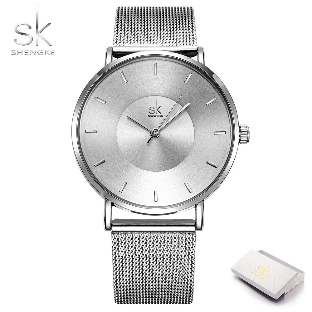Shengke Fashion Black Watch For Women Classic Relogio Feminino Ultra Thin Quartz Watch Woman Adjustable Mesh Strap Montre Femme