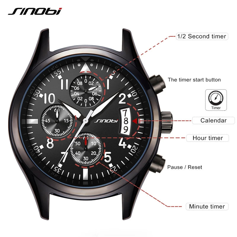 SINOBI Luxury Men Waterproof Stainless Steel Pilot Wrist Watches Chronograph Date Sport Diver Luminous Quartz Watch Montre Homme