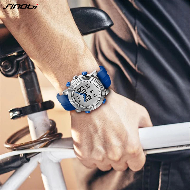 New SINOBI brand Sports Chronograph Men's Wrist Watches Digital Quartz double Movement Waterproof Diving Watchband Males Clock