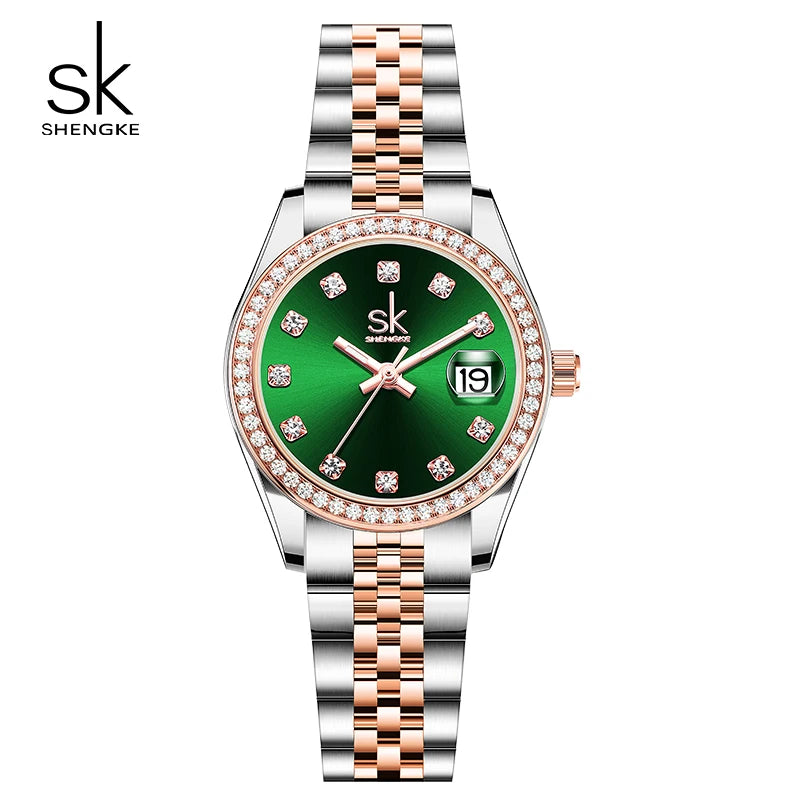 Shengke New Luxury Ladies Wristwatches Fashion Diamond Women's Quartz Watches Top Brand Woman's Gifts Clock Calendar Stainless S