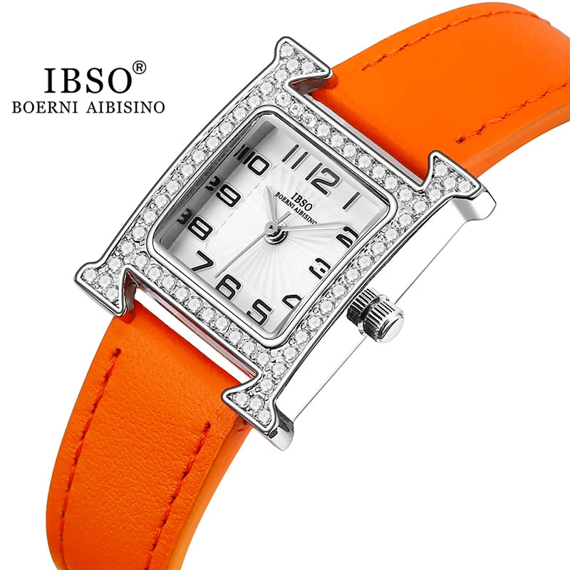 IBSO 2026 New Luxury Women Rectangle Watches Japanese Quartz Movement Ultra-Thin 3ATM Waterproof Full Diamond Genuine Leather