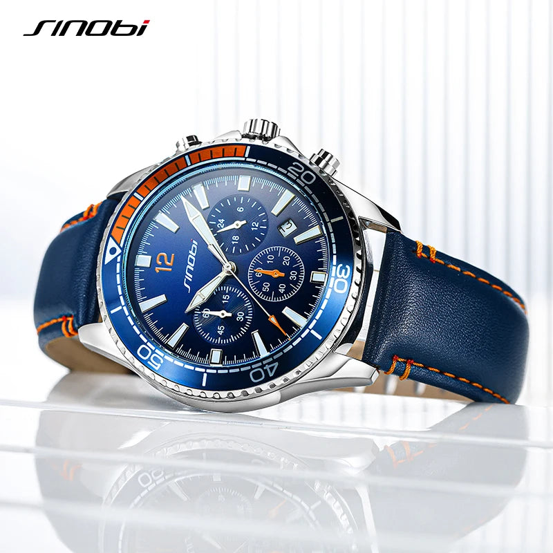 Sinobi Original New Design Men's Quartz Wristwatches Chronograph Man Leather Strap Watches Luminous Hands Males Clock Relojio