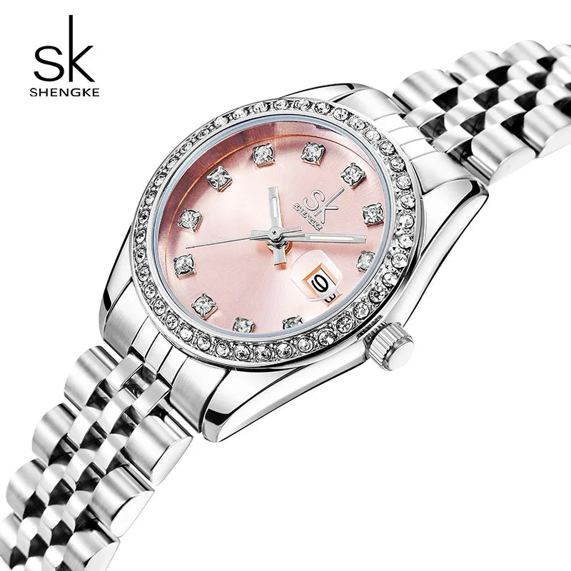 Shengke New Luxury Ladies Wristwatches Fashion Diamond Women's Quartz Watches Top Brand Woman's Gifts Clock Calendar Stainless S