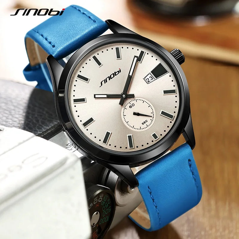 SINOBI Fashion Design Men's Watches Original Leather Strap Man's Quartz Wristwatches Best Gifts Clock for Male Relogio Masculino