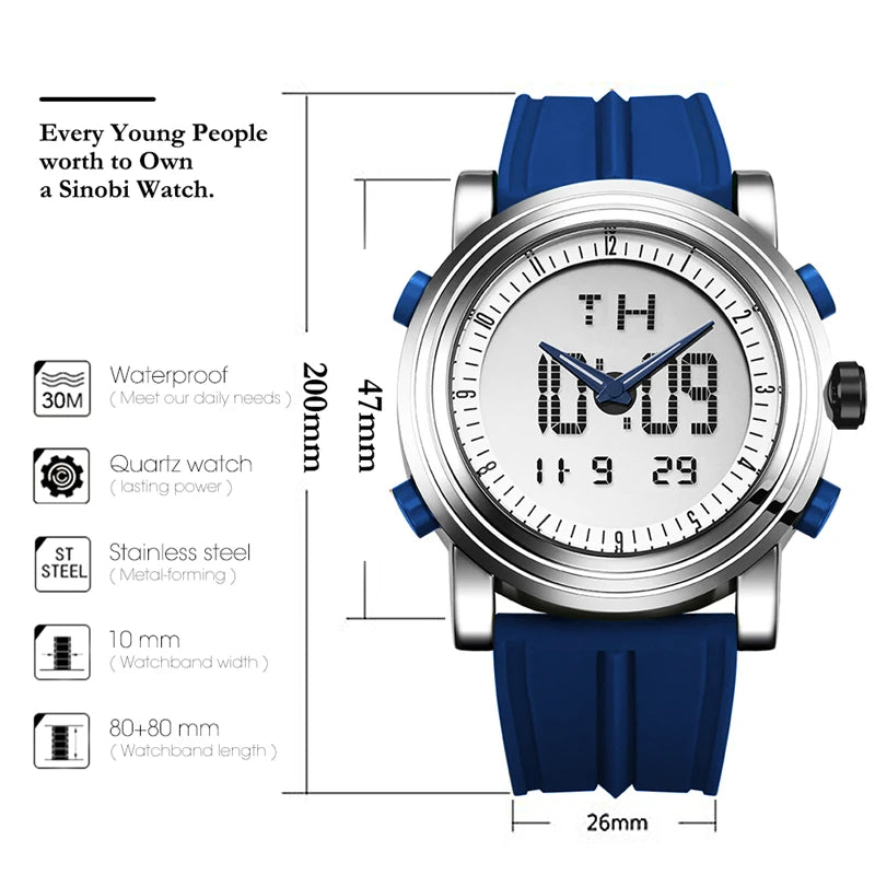 New SINOBI brand Sports Chronograph Men's Wrist Watches Digital Quartz double Movement Waterproof Diving Watchband Males Clock