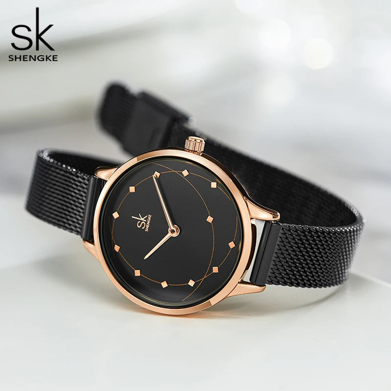 Shengke New Arrival Women Watch Black Quartz Wirstwatches Milan Meshband Ladies Watches Montre Femme Gifts Clock Reloj Mujer