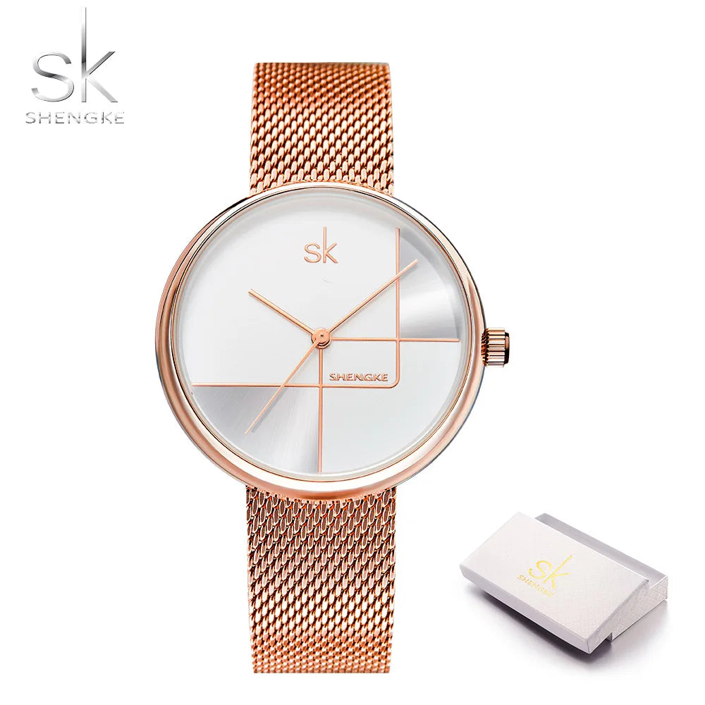 SHENGKE Fashion Golden Women Watches Top Luxury Woman's Quartz Wristwatches SK Mesh Brand Creative Ladies Clock Reloj Mujer Saat