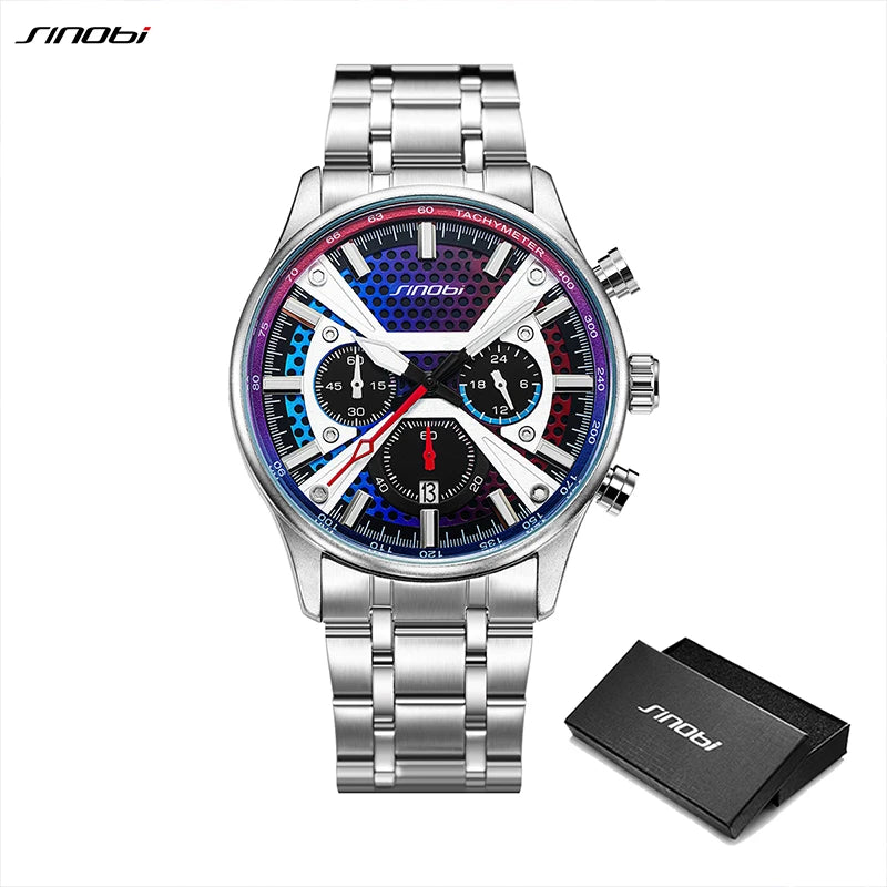 SINOBI New Arrival Fashion Mens Watches Chronograph Calender Casual Man's Quartz Wristwatches Luminous Hand Male Stainless Clock