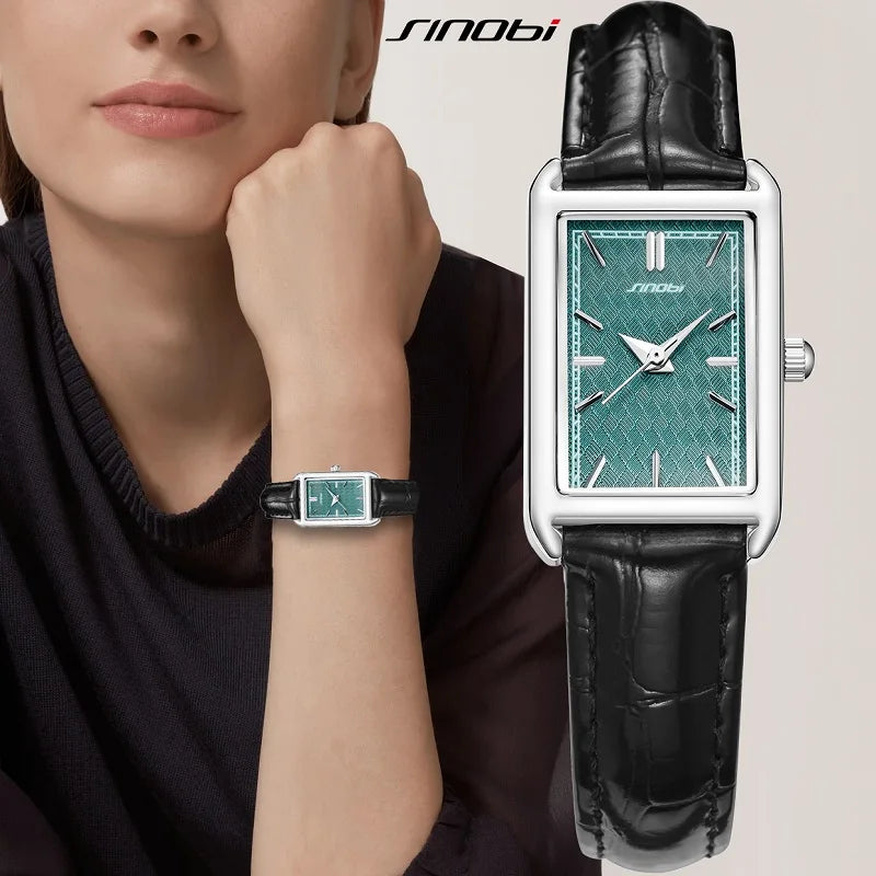 SINOBI Fashion Ladies Leather Strap Watch Women's Watches Elegant Rectangle Womans Quartz Wristwatches Female Clock Montre Femme