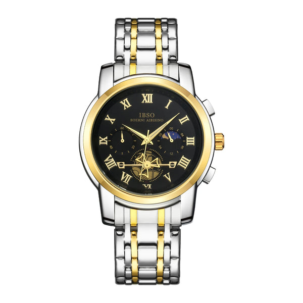 Ibso new 2026 luxury quartz watch multifunctional watch 3atm waterproof stop calendar solid stainless steel strap moon phase