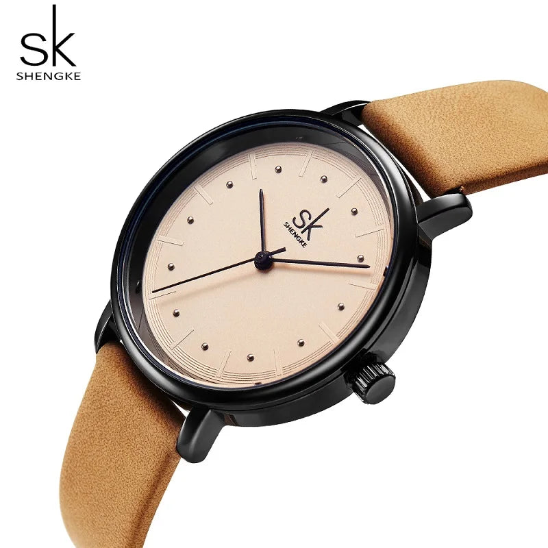 Shengke Simple Women Dress Watches Retro Leather Female Clock Top Brand Women's Fashion Mini Design Quartz Wristwatches Watches