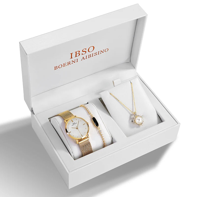 IBSO Women Quartz Watch Set Crystal Design Bracelet Necklace Watch Sets Female Jewelry Fashion Silver Luxury Watch Lady's Gift