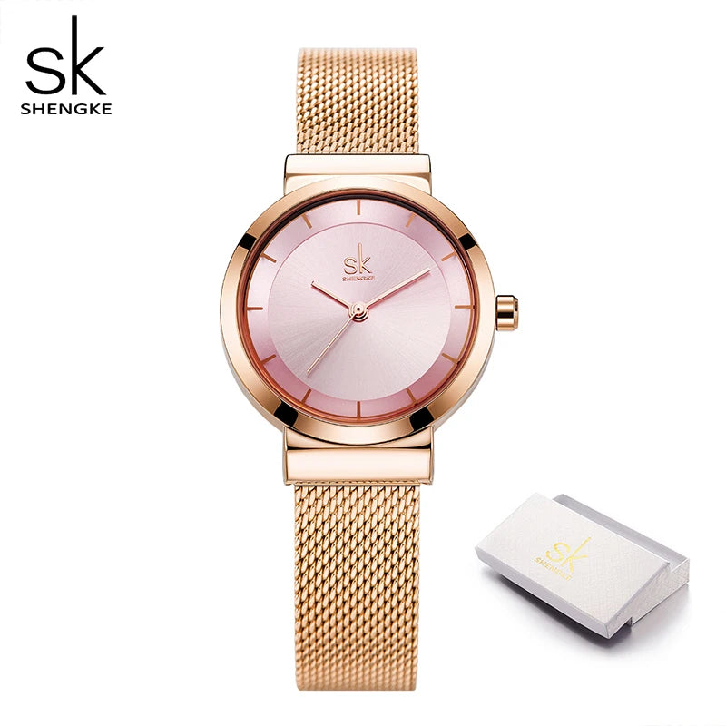 Shengke SK Luxury Brand Dress Golden Watch Ladies Elegant Diamond Quartz Wrist Watches For Women Steel Mesh Clock zegarek damski