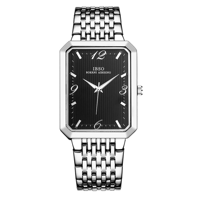 IBSO Ultra-Thin Men Quartz Watch Luxury Style Rectangle Dial Stainless Steel Strap Waterproof 3ATM Wristwatch Relogio Masculino