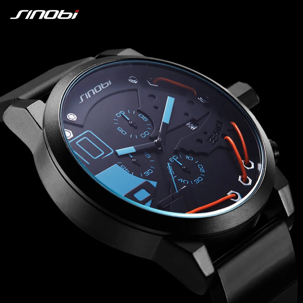 SINOBI Mens Sports Chronograph Silicone Watch Waterproof Top Brand Men's Watches Fashion Casual Quartz Relogio Masculino saat
