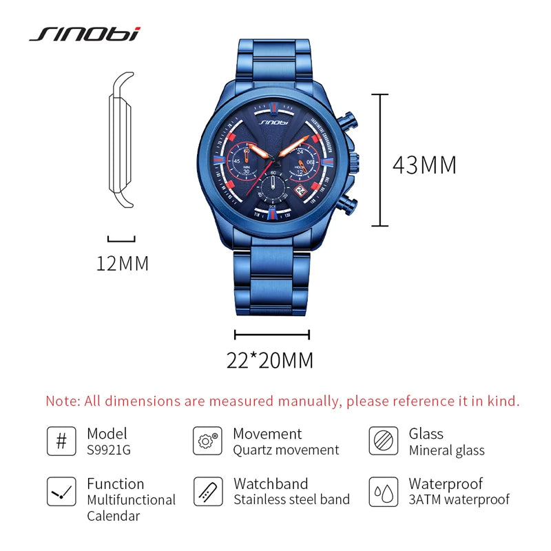 SINOBI Brand Men's Watches New Styles Chronograph Man's Quartz Wrist Watches Fashion Stainless Steel Best Gifts Calendar Clock