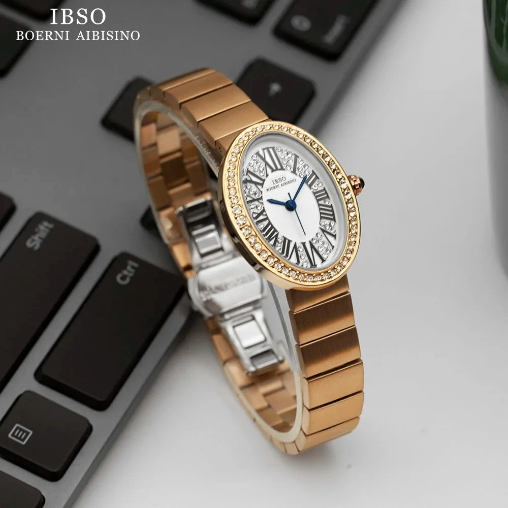IBSO New Oval Dial Zircon Luxury Women Quartz Watches Simple Stainless Steel Strap 3ATM Waterproof Watch Ladies Free Shipping
