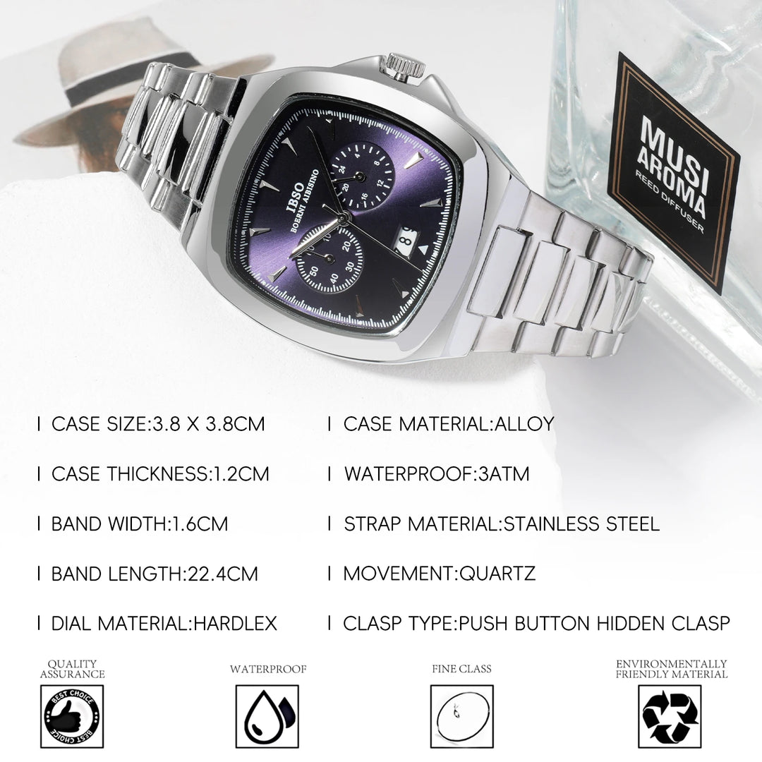 IBSO Luxury Men Quartz Watch Calendar Function Stainless Steel Strap 3ATM Waterproof S1209G