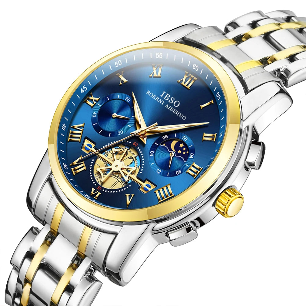 IBSO New 2026 Luxury Quartz Watch Multifunctional Watch 3ATM Waterproof Stop Calendar Solid Stainless Steel Strap Moon Phase