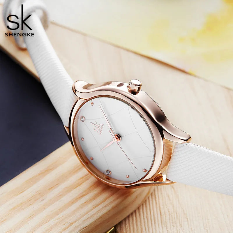 Shengke Women's Watches Fashion Leather Wrist Watch Plaid Ladies Watch White Clock Reloj Mujer Bayan Kol Saati Montre Feminino