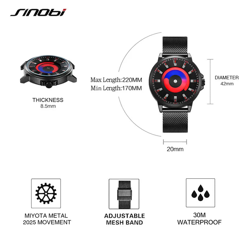 Sinobi Creative Design Mens Watches Fashion Mesh Strap Man's Quartz Wristwatches Colorful Vortex Sky Clock For Male Relogio