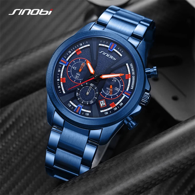 SINOBI Brand Men's Watches New Styles Chronograph Man's Quartz Wrist Watches Fashion Stainless Steel Best Gifts Calendar Clock