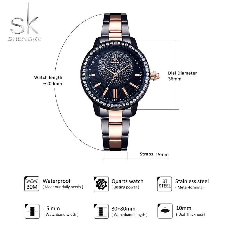 Shengke Top Luxury Women's Watches 2 In 1 Magic Retractable Ring Bracelet Diamond Ladies Quartz Wristwatches Best Gifts Clock