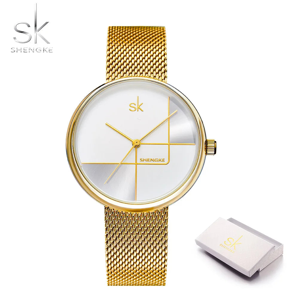 SHENGKE Fashion Golden Women Watches Top Luxury Woman's Quartz Wristwatches SK Mesh Brand Creative Ladies Clock Reloj Mujer Saat