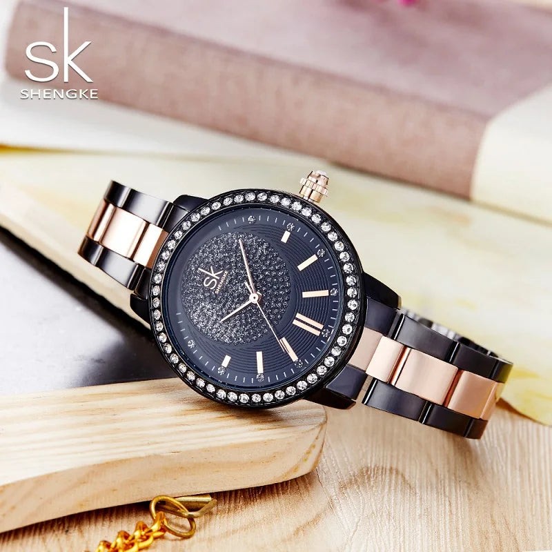 Shengke Top Luxury Women's Watches 2 In 1 Magic Retractable Ring Bracelet Diamond Ladies Quartz Wristwatches Best Gifts Clock
