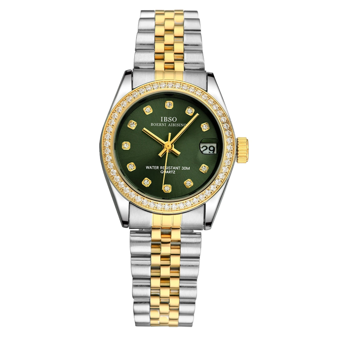 IBSO New Women Luxury Wristwatches Elegant Date Green Ladies Watch Japanese Movement Quartz Watch Stainless Steel Strap S1079