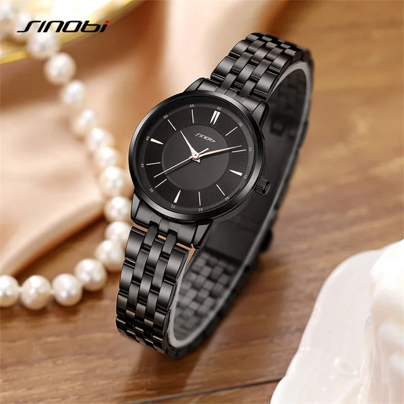 SINOBI Fashion Women's Watches Casual Stainless Steel Woman Quartz Wristwatches Elegant Dresses Best Clock for Female Waterproof