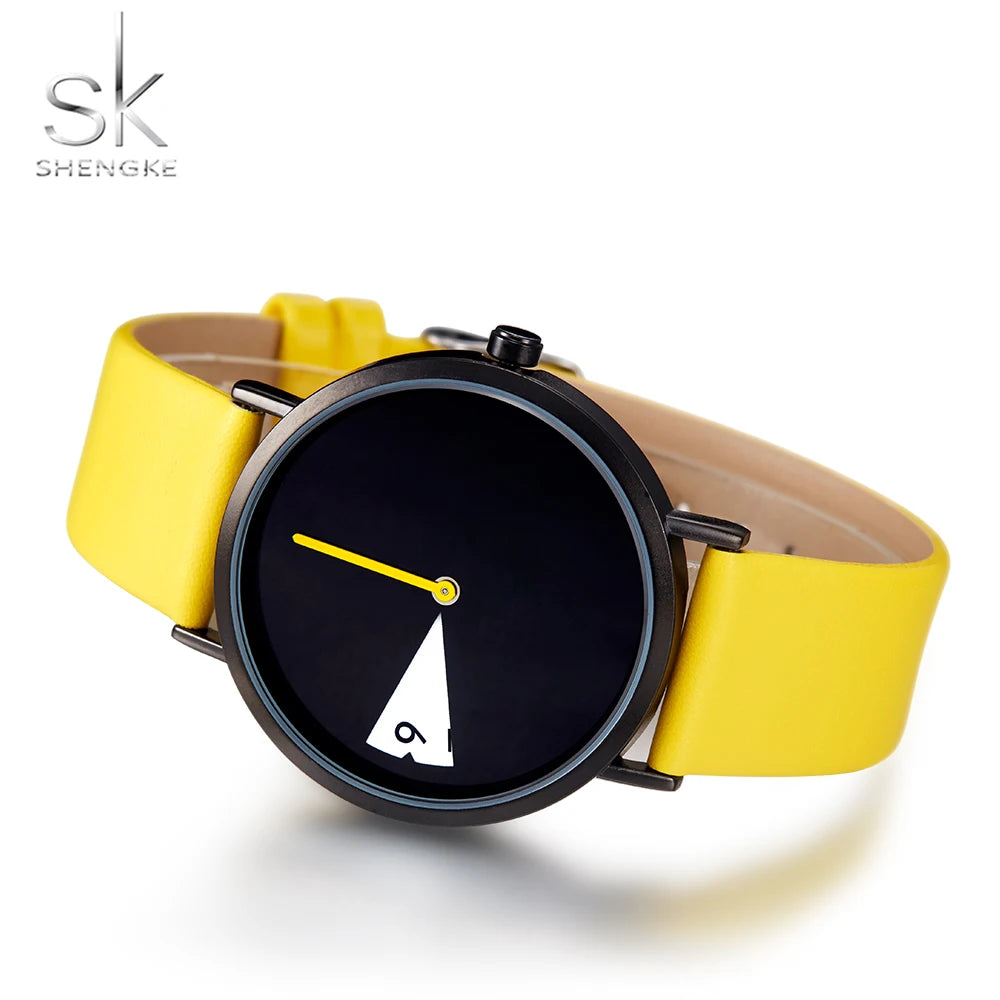 Shengke Top Women Watch Creative Wristwatch Ladies Watch Rotate Yellow Leather Band Wristwatches Clock Montres Femme Reloj Mujer