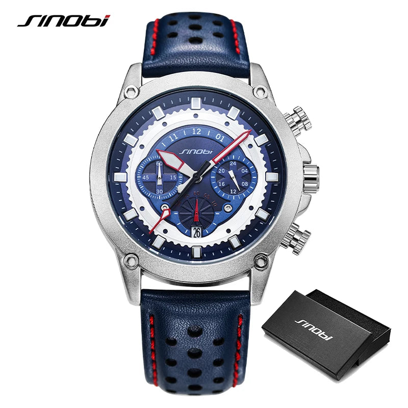 SINOBI New Fashion Sports Mens Watches Stainless Steel Chronograph Man Quartz Wristwatches Luminous hands Male's Calender Clock