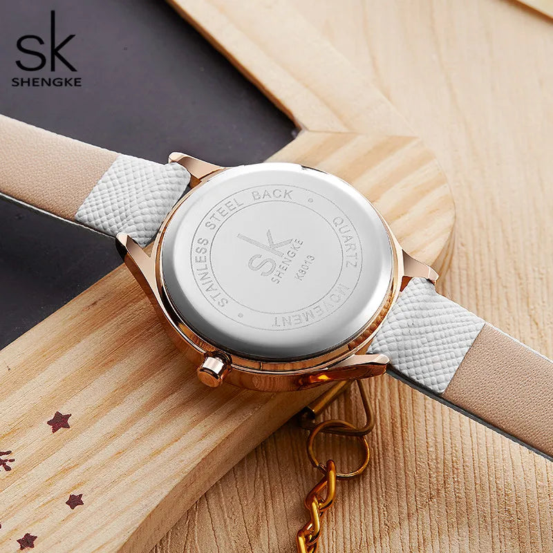 Shengke Women's Watches Fashion Leather Wrist Watch Plaid Ladies Watch White Clock Reloj Mujer Bayan Kol Saati Montre Feminino