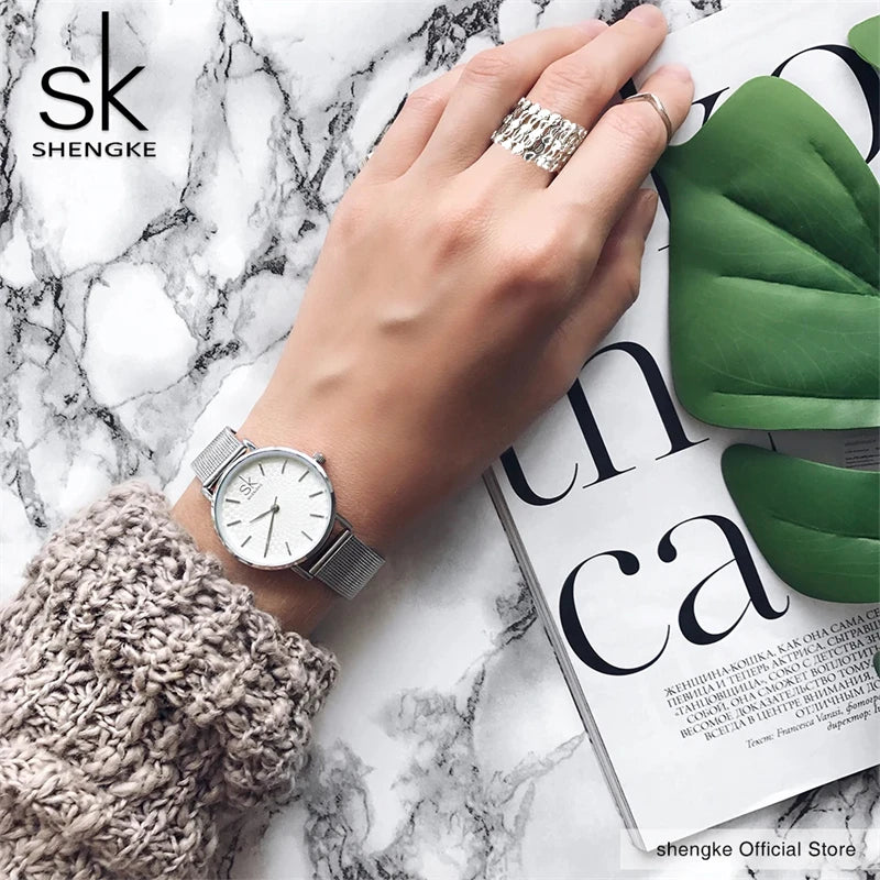 Shengke Elegant Women's Watches 2 In 1 Magic Retractable Ring Bracelet Set Top Sales Brand Ladies Quartz Wristwatches Best Gifts