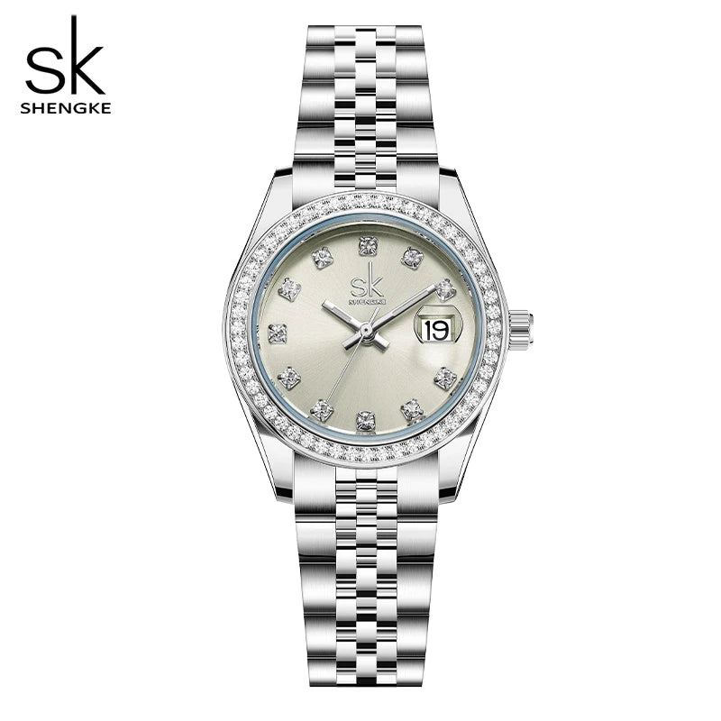 Shengke New Luxury Ladies Wristwatches Fashion Diamond Women's Quartz Watches Top Brand Woman's Gifts Clock Calendar Stainless S