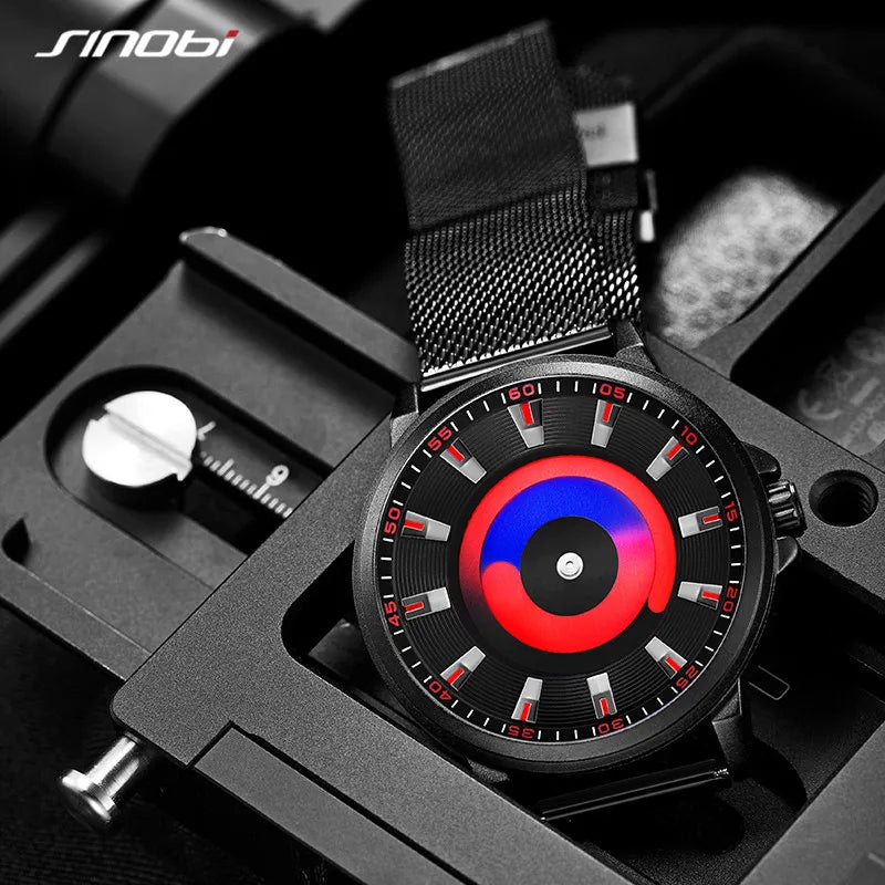 Sinobi Creative Design Mens Watches Fashion Mesh Strap Man's Quartz Wristwatches Colorful Vortex Sky Clock For Male Relogio