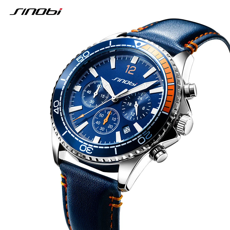 Sinobi Original New Design Men's Quartz Wristwatches Chronograph Man Leather Strap Watches Luminous Hands Males Clock Relojio