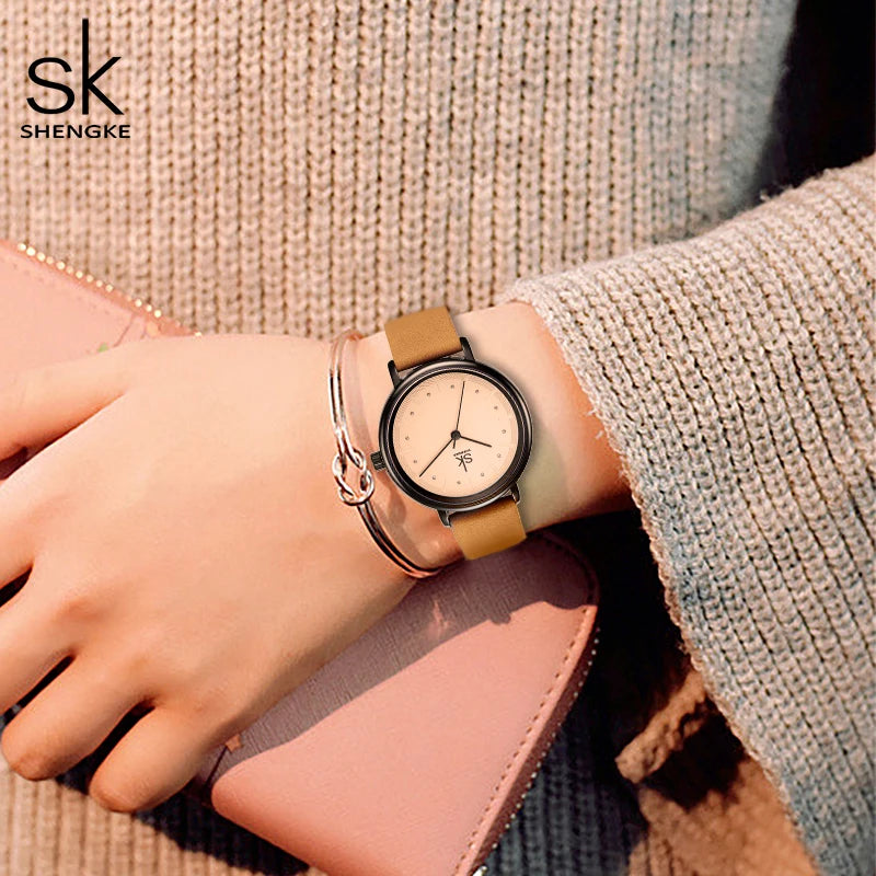 Shengke Simple Women Dress Watches Retro Leather Female Clock Top Brand Women's Fashion Mini Design Quartz Wristwatches Watches